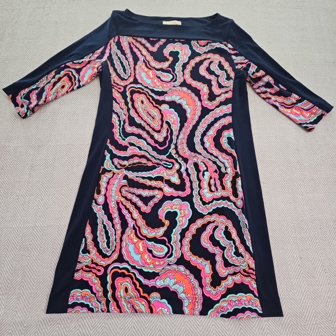 Banana Republic Navy Blue Paisley Sheath Dress Size Medium Stretch Boatneck Knee