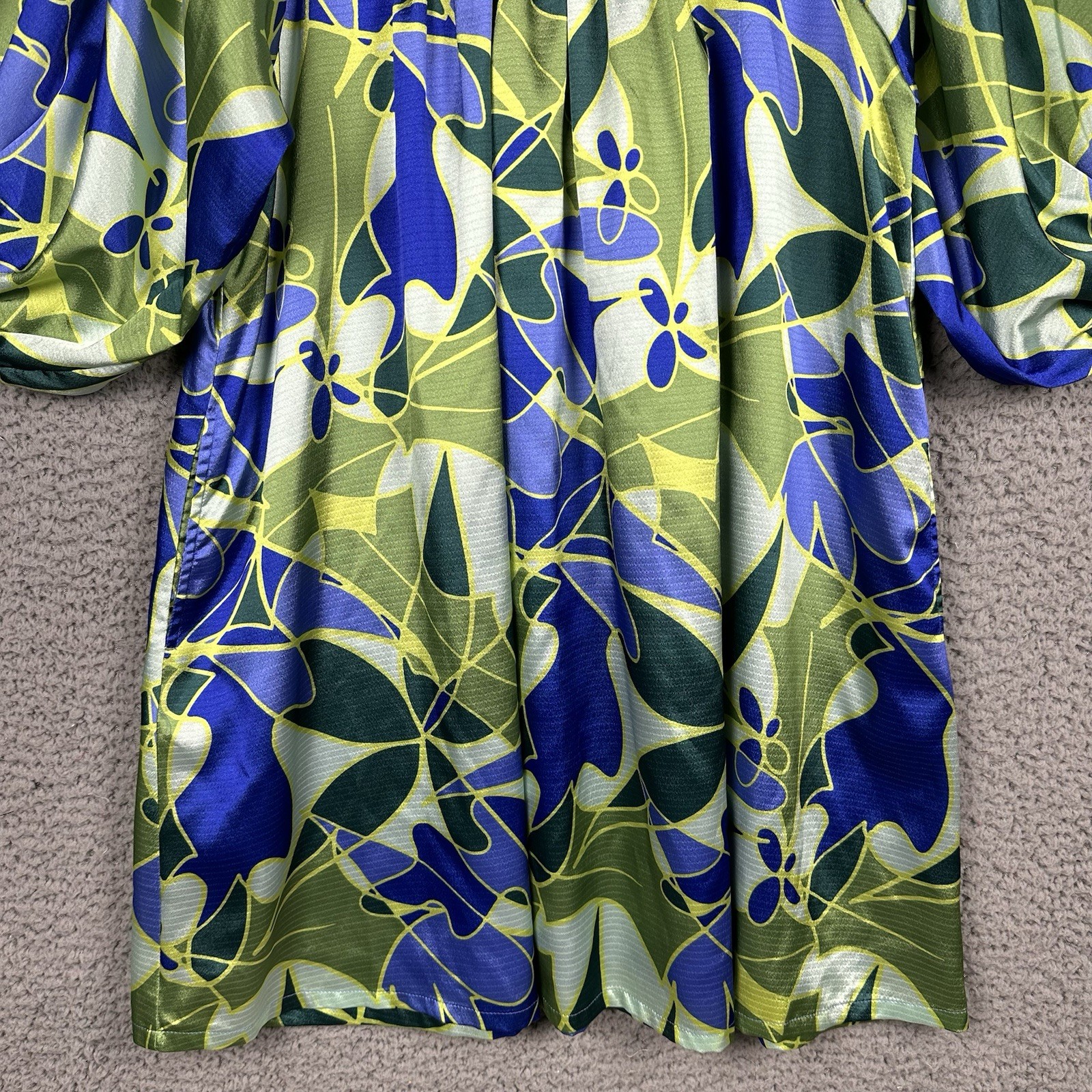Emily McCarthy M Green Blue Ruffle Collar Blouson Sleeves Dress Flowy Artsy Boho