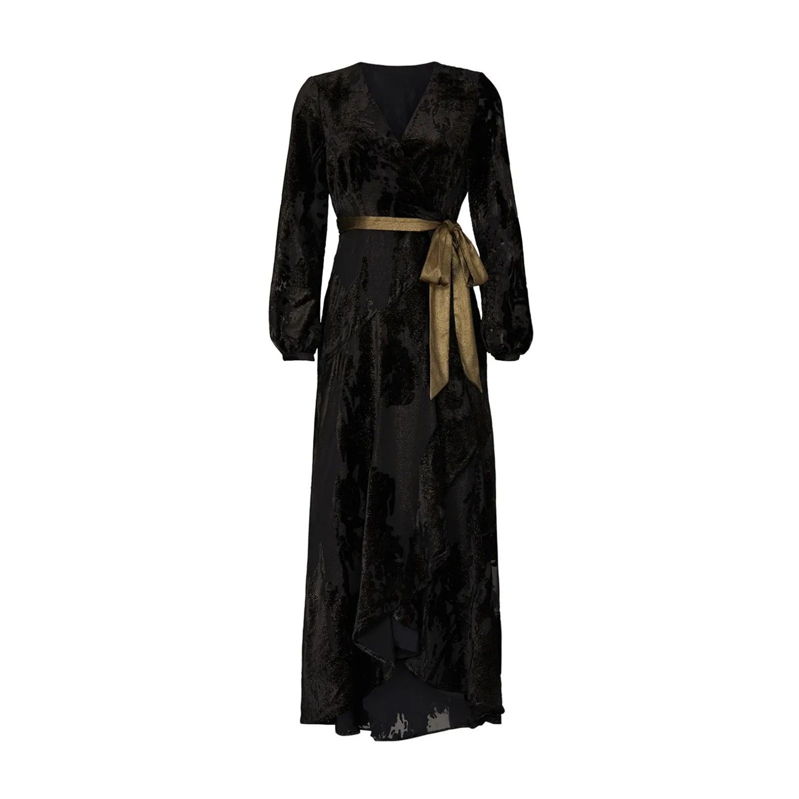 Hutch Black Burnout Velvet Wrap Maxi Dress Metallic Sash Hi-Low Hem Size M
