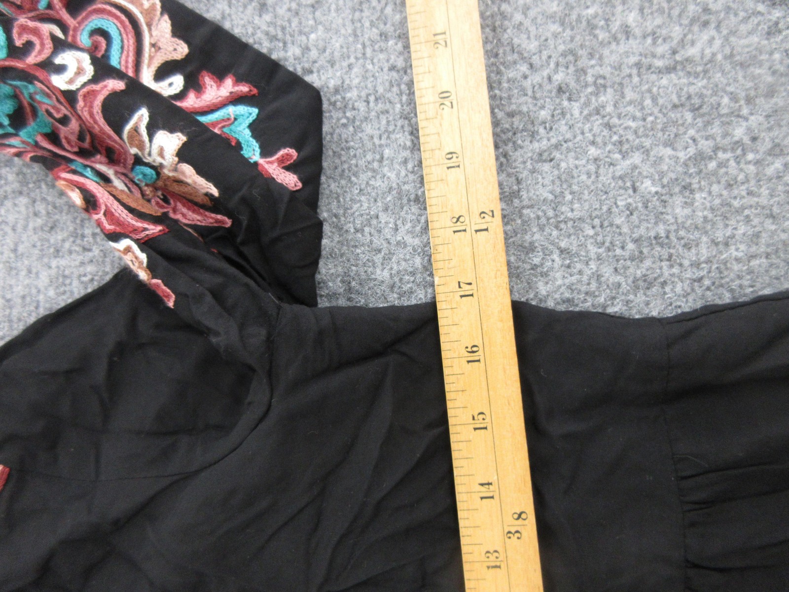 Floret Dress Womens Petite Small Black Embroidered Boho Trapeze Long Sleeve