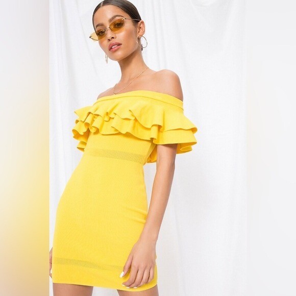 By The Way Yellow Ruffle Off Shoulder Bodycon Mini Dress Size M