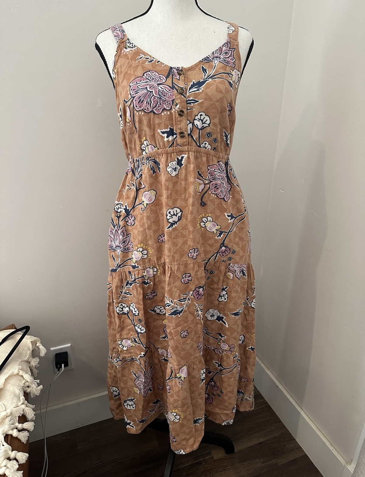 SONOMA Goods for Life Brown Floral V Neck, Smocked Back, Midi Dress- Size S