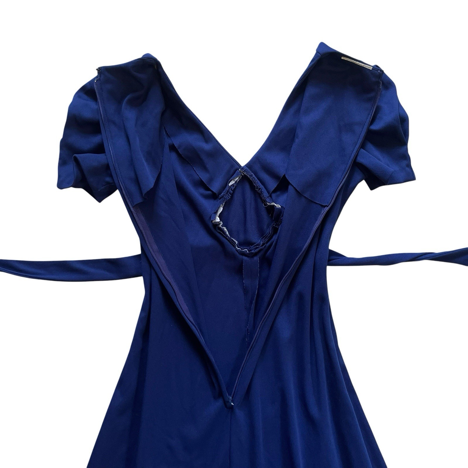 70s Vintage Navy Blue Polyester Knit Maxi Dress Boho Hippie Prairie S/M