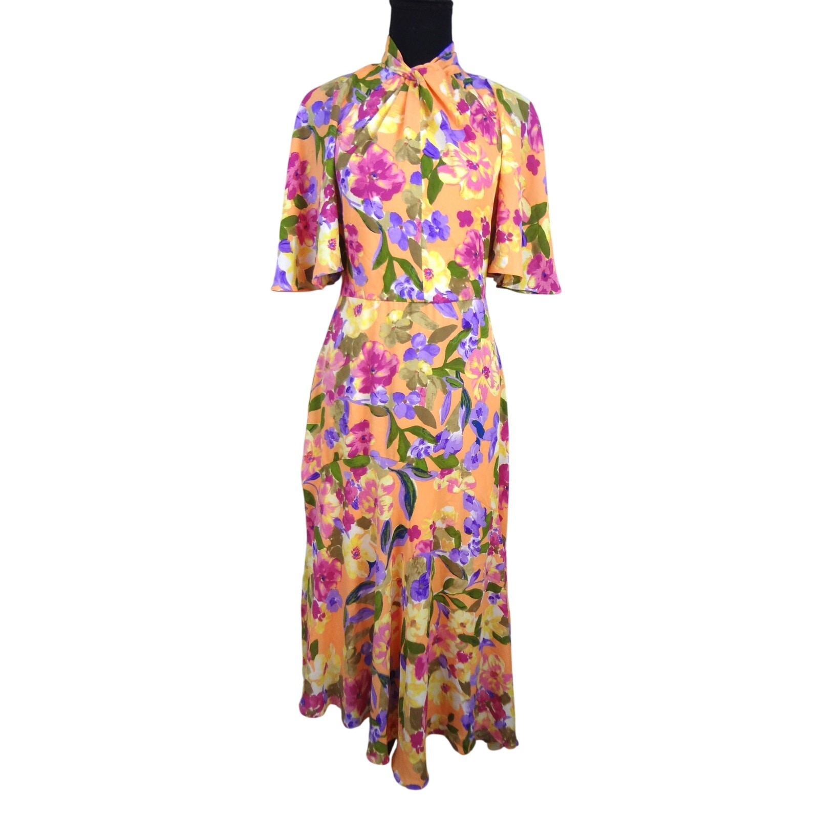 Maggy London High Twist Neck Asymmetric Dress Summer Midi Floral Flutter 4