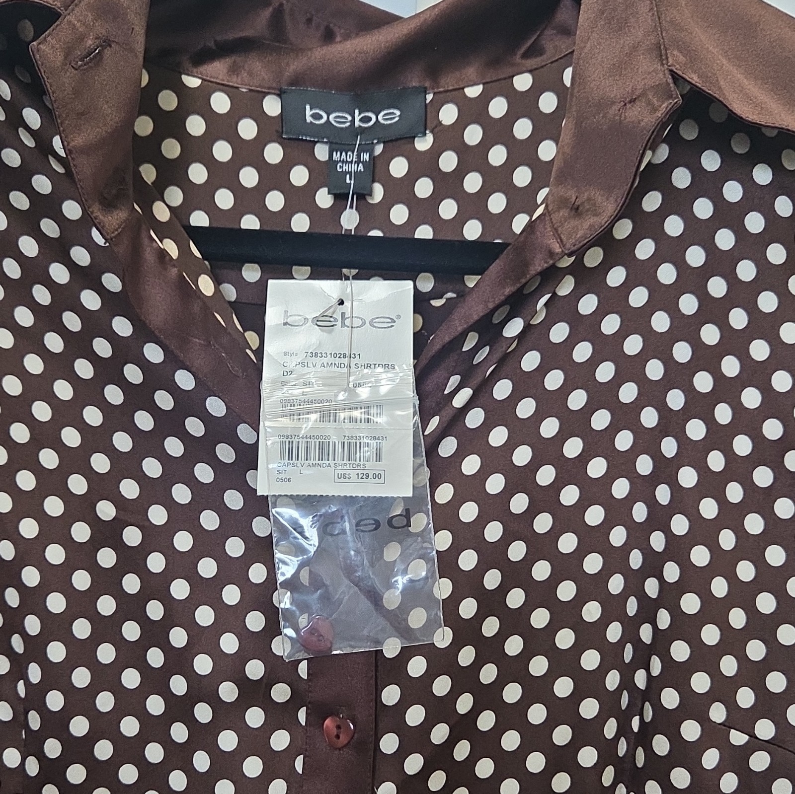 bebe Brown/White Polka Dot Collared Button-Front Shirt Dress Puff Sleeve Sz Lrg
