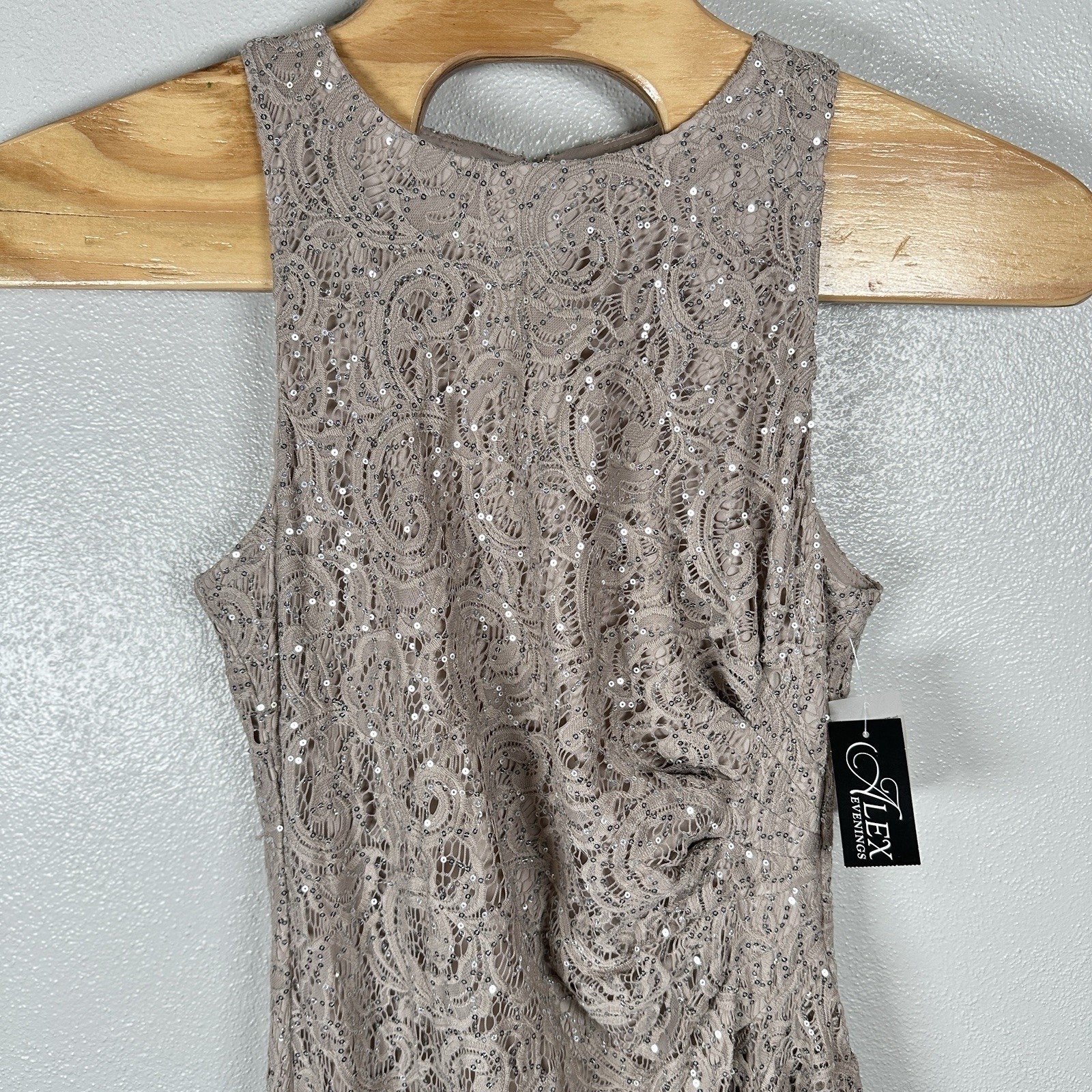 NEW ALEX EVENINGS SEQUIN LACE Cascading Ruffle RUCHED EVENING GOWN 14 Buff Taupe