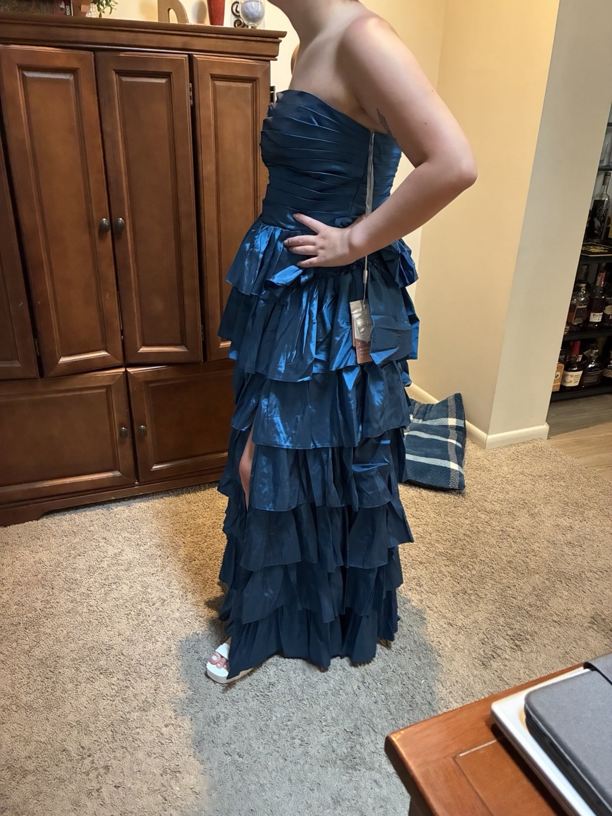 Women’s Strapless Blue Solid Ruffle Layered Asymmetric Long Gown Dress 10