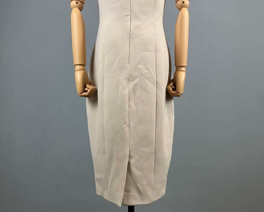 Prada Milano Beige Wool Silk Sleeveless A-Line Pencil Midi Dress Size IT 44