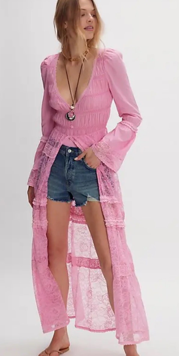 Free People Sweet Saloon Maxi Bodysuit Floral Mesh Tiered Bell Sleeve Pink S NWT