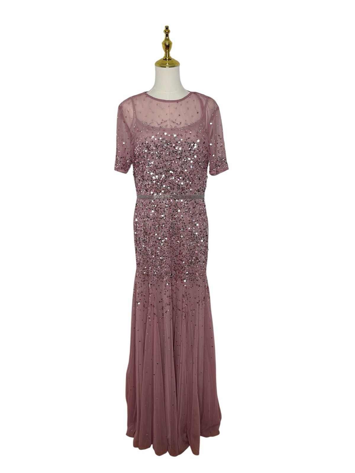 Mac Duggal 93909 Short Sleeve Embellished Tulle Gown Rosewood Size 12 $598