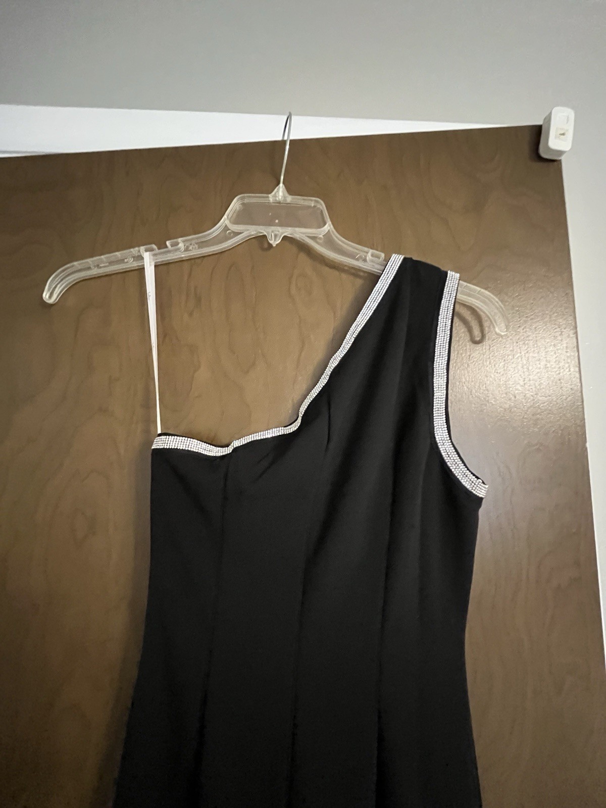 Lulus Black Satin One Shoulder Rhinestone Trim Maxi Dress Zip S