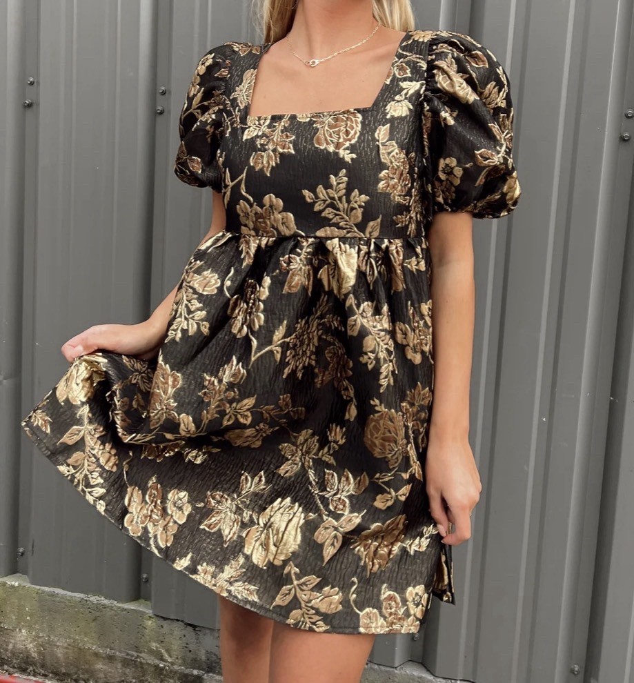 Sofie The Label Puff Sleeve Babydoll Dress Size Medium Black Gold Brocade Floral