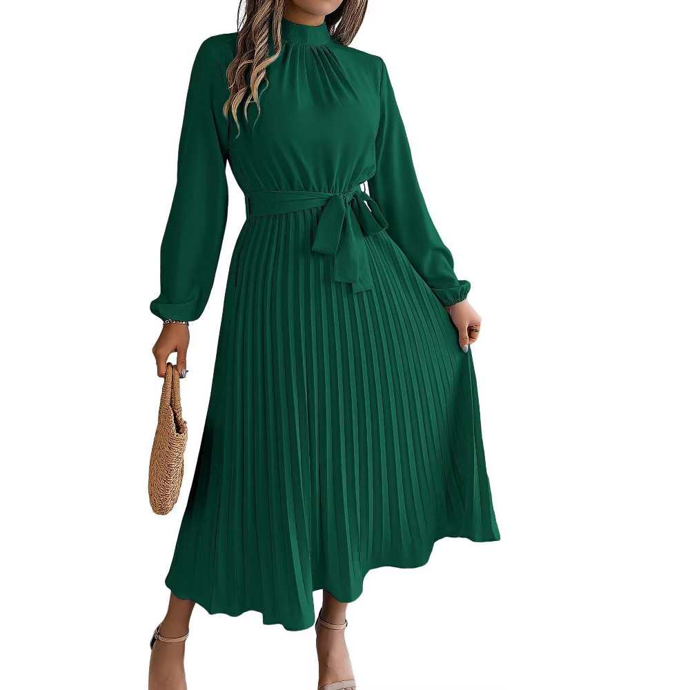 Women Pleated Dress Long Sleeve Stand Up Collar With Belt A-Line Flowing