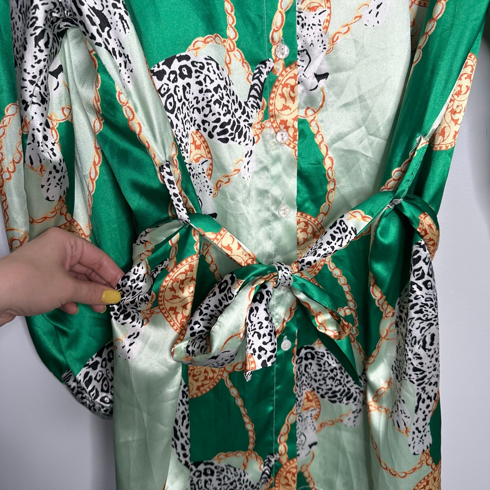 SundayUp Chain & Leopard Dress Womens L Green NWT Satin Belted Shirt Dress Bold