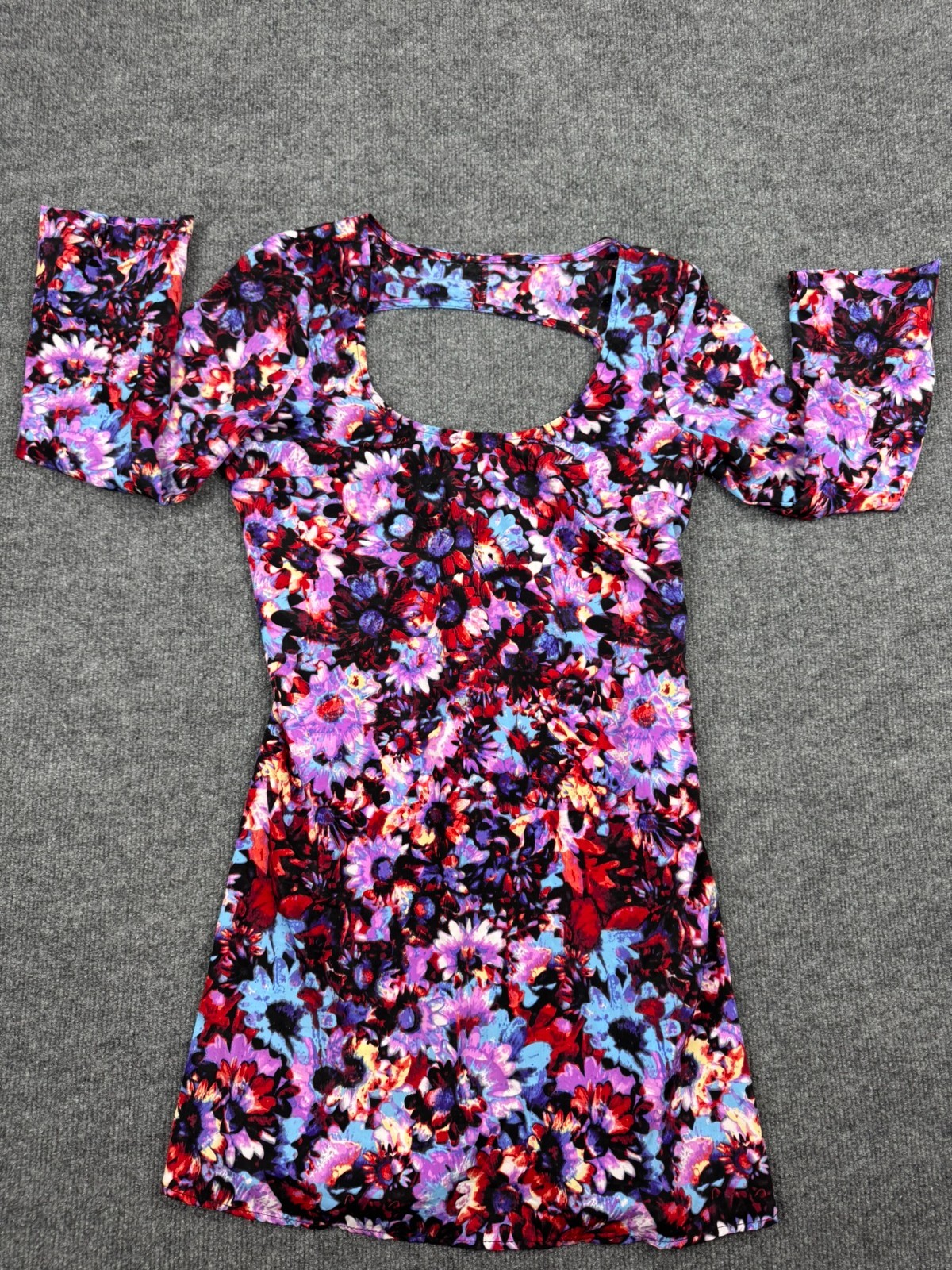 Women’s Small Floral Cut-Out Back Mini Dress-Multi-Color Long Sleeve-Made in USA