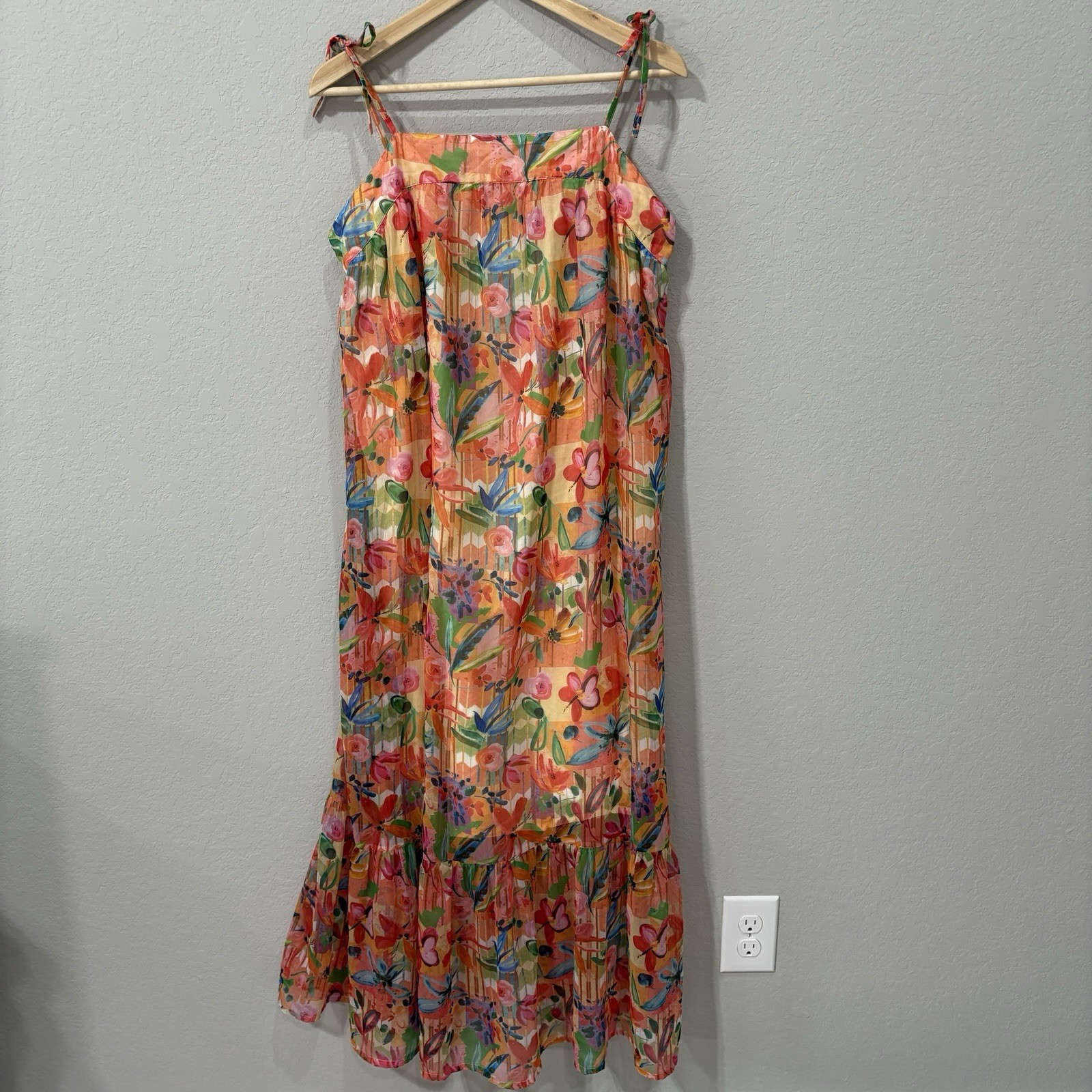 World Market Slip Dress Womens L XL Floral Maxi Sheer Tropical Resort Art Beach