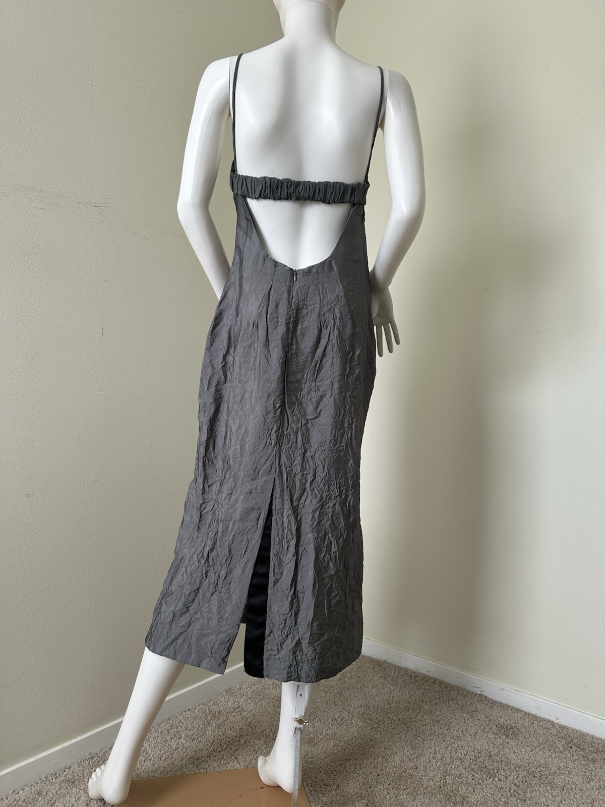 Zara : Ruched Midi Slip Dress Viscose Polyamide Strappy Sleeves Backless Lined