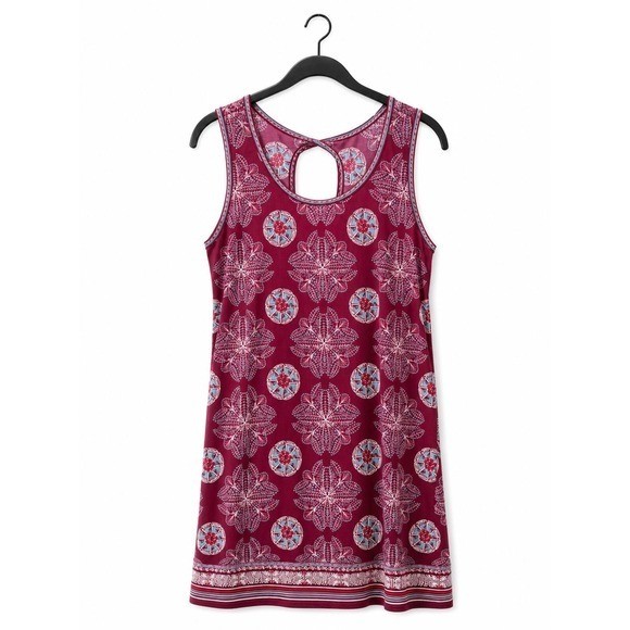 Max Studio Burgundy Printed Sleeveless Tank Dress w/Keyhole Detail Size M EUC