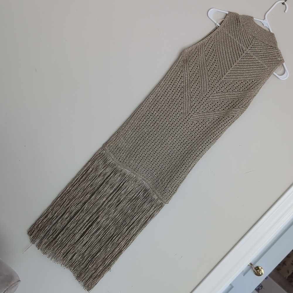 Zara METALLIC THREAD FRINGED LONG KNIT TOP Dress S M L XL GOLDEN NWT 2653/004