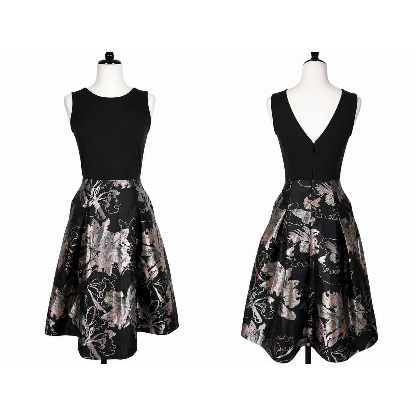 New York & Company Metallic Fit & Flare Floral Dress with Pockets