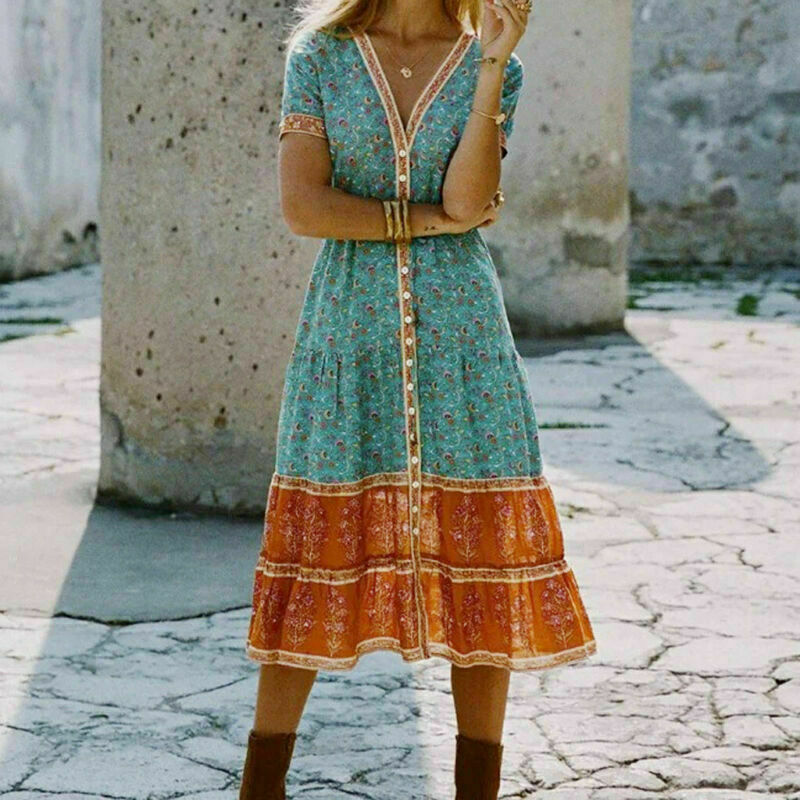 Women Holiday Summer V Neck Boho Long Maxi Dress Evening Party Beach Sundress
