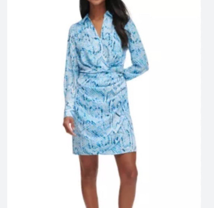 CALVIN KLEIN NWT $129 Blue Python Snake Print Knotted Shirt Dress Size LARGE NWT