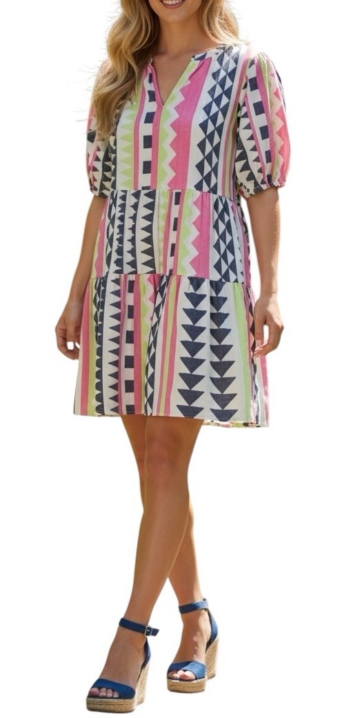 VELVET Sz L Womens Aztec White Multicolor Tiered Boho Jacquard Mini Dress
