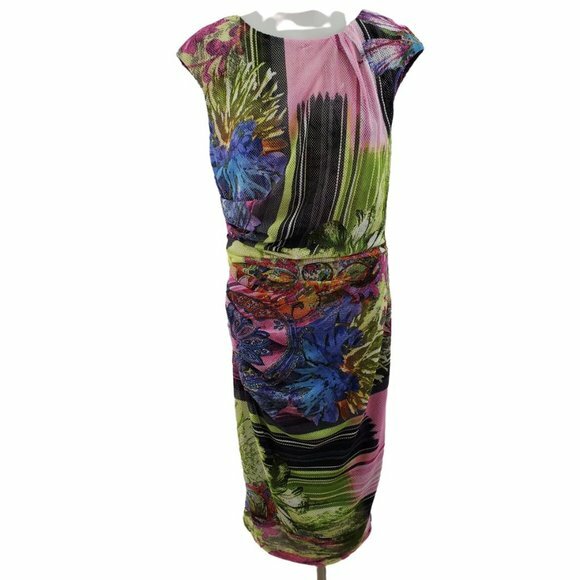 Alberto Makali Dress M Mesh Ruched Sheath Pink Abstract Low Back Green