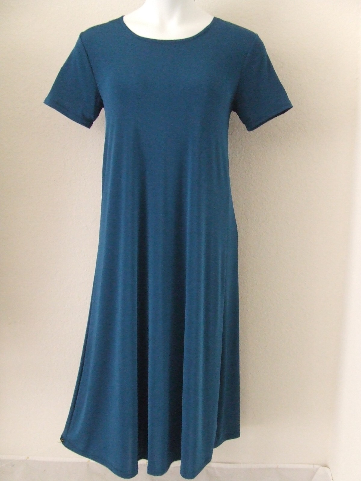 Travel Knit Dress, long A-Line, S/S, Stretchy NO-IRON poly/span. Teal