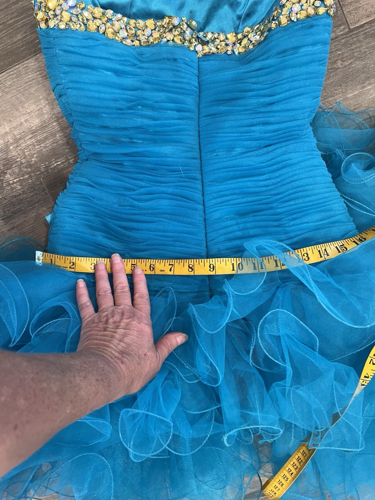 sherri hill 2326 Turquoise size 2 cocktail dress bow Rhinestone Flounce Ruffle