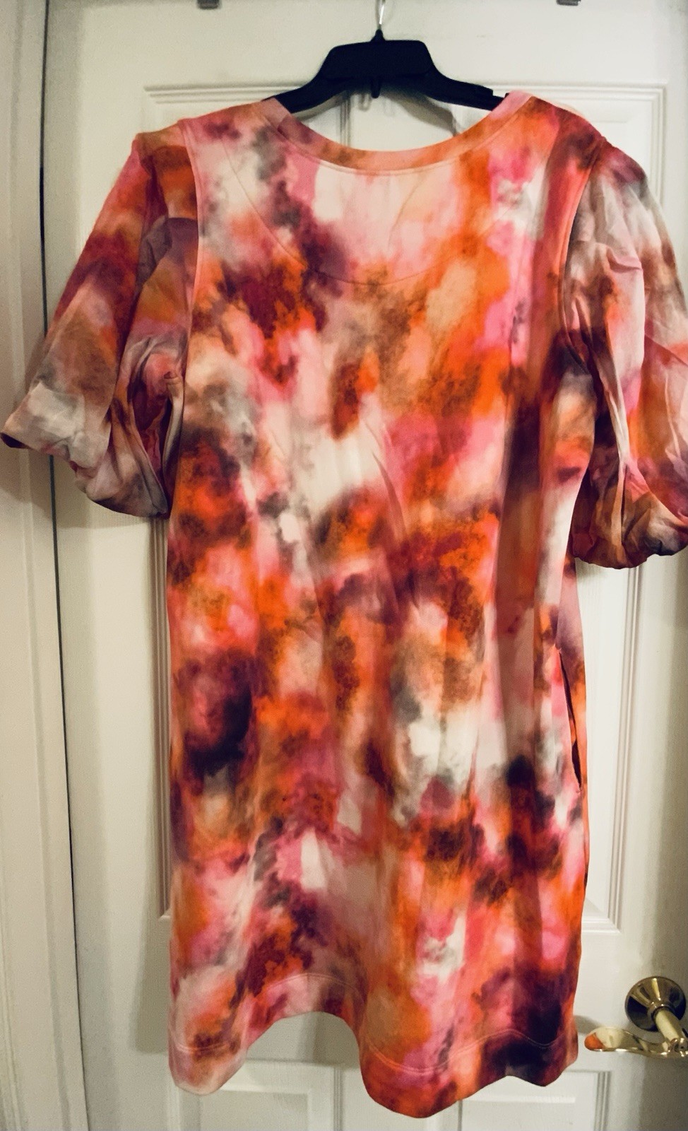 Chicos Shift Dress Size XL Watercolor Tye Die Pattern Puff Sleeves Pockets