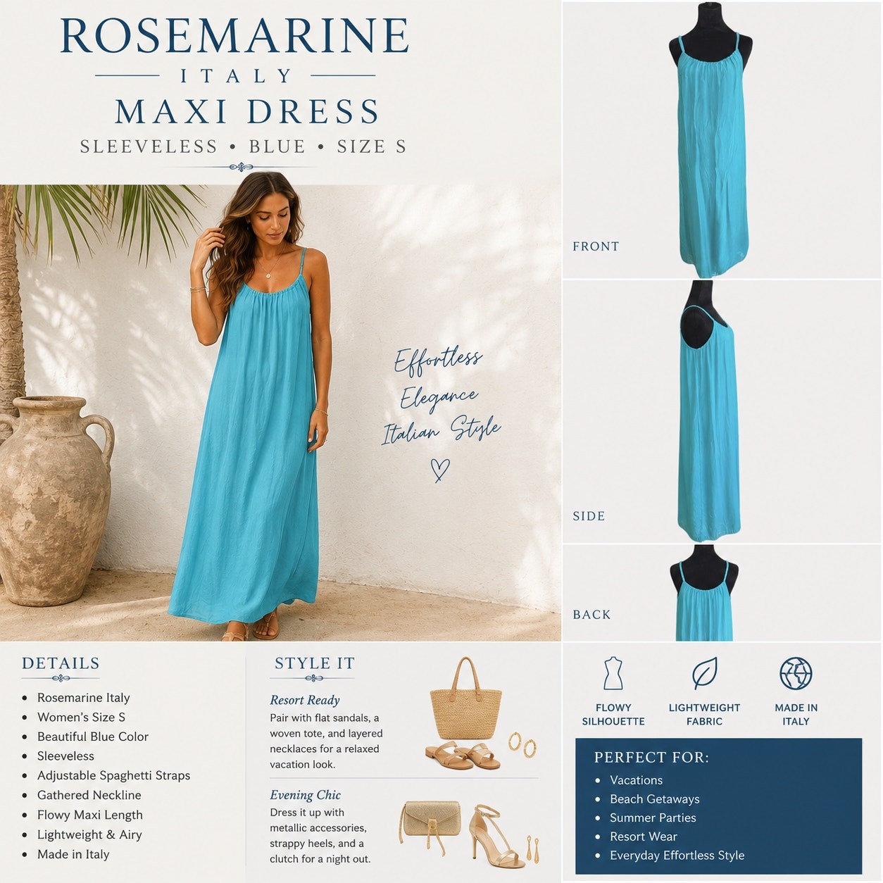 Rosemarine Italy Maxi Dress Sleeveless SZS Blue Casual Resort Wear Travel Flowy