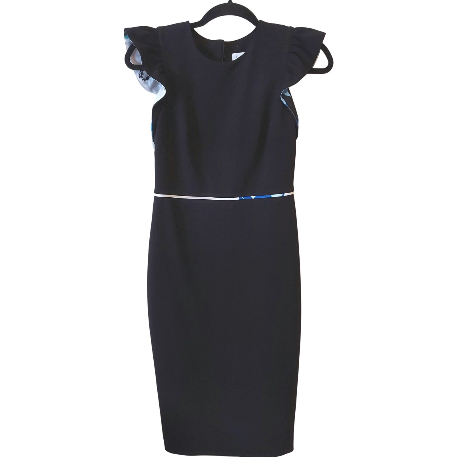 Calvin Klein Sheath Dress Womens 4 Black Flutter Sleeve Floral Trim Knee Length