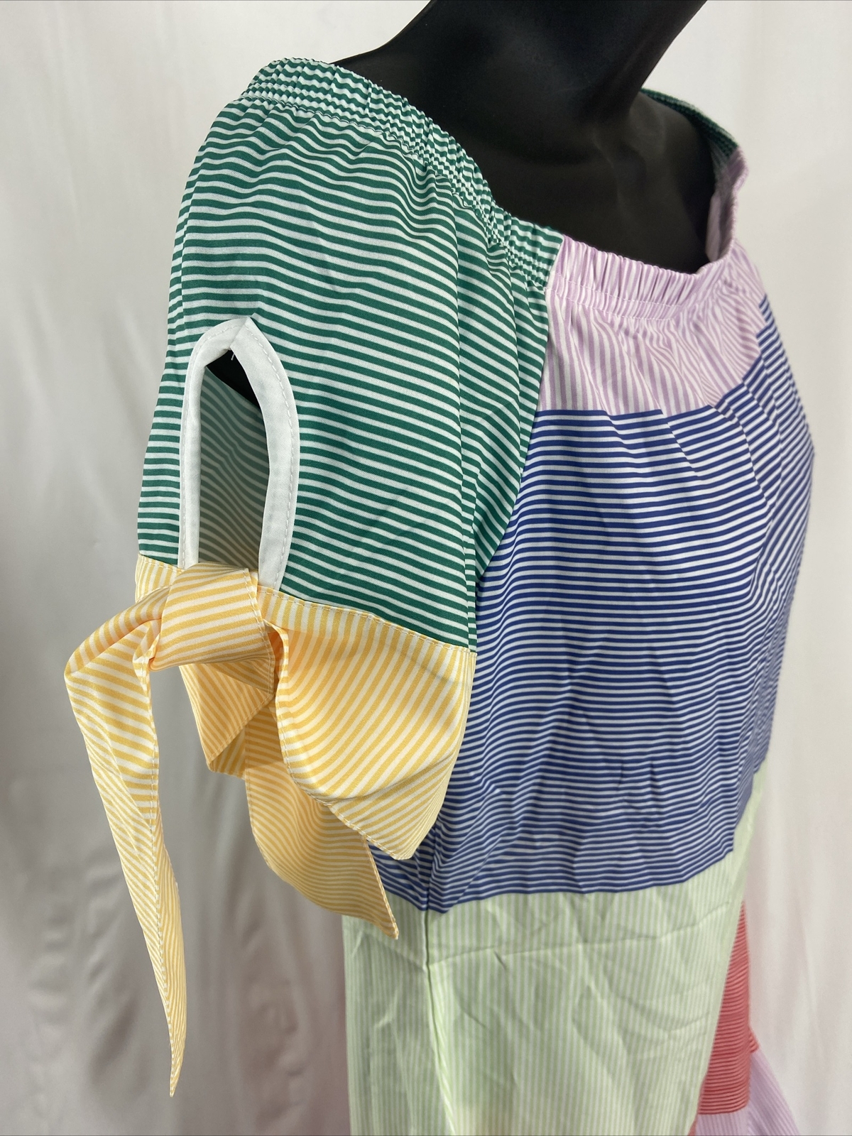 Women’s M Pullover Off Shoulder Shift Sundress Petal Sleeve Striped Colorblock