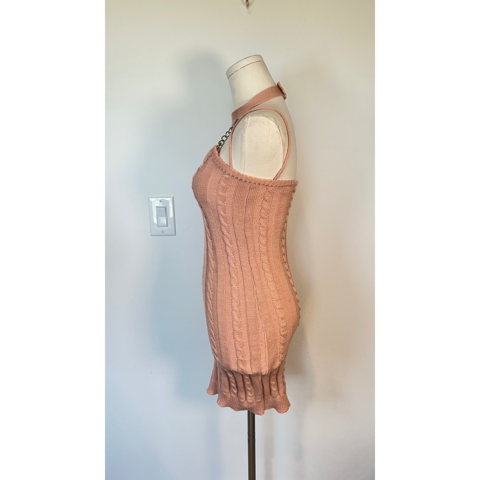 Loft Generale Y2K Pink Cable Knit Bodycon Mini Dress Chain Halter Cybercore Rare