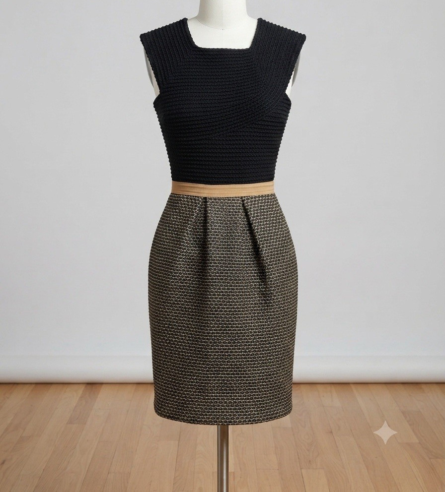 Women’s Black & Gold Solid Sheath Dress S Knee Length Square Neck Sleeveless Zip