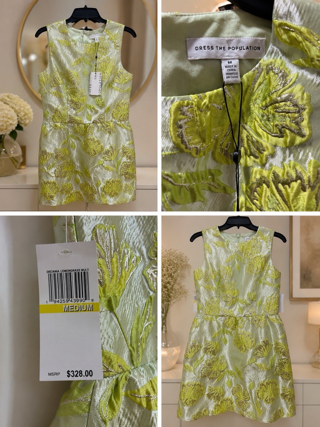 Dress the Population Green/White Floral Jacquard A-Line Mini Dress Size M