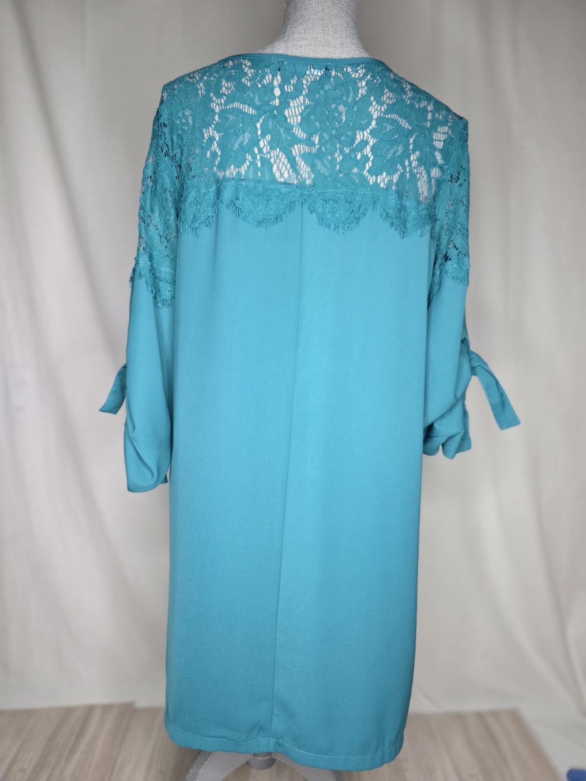 YOINS Womens Teal Solid Lace Yoke Shift Dress L 3/4 Sleeve Round Neck Sheer