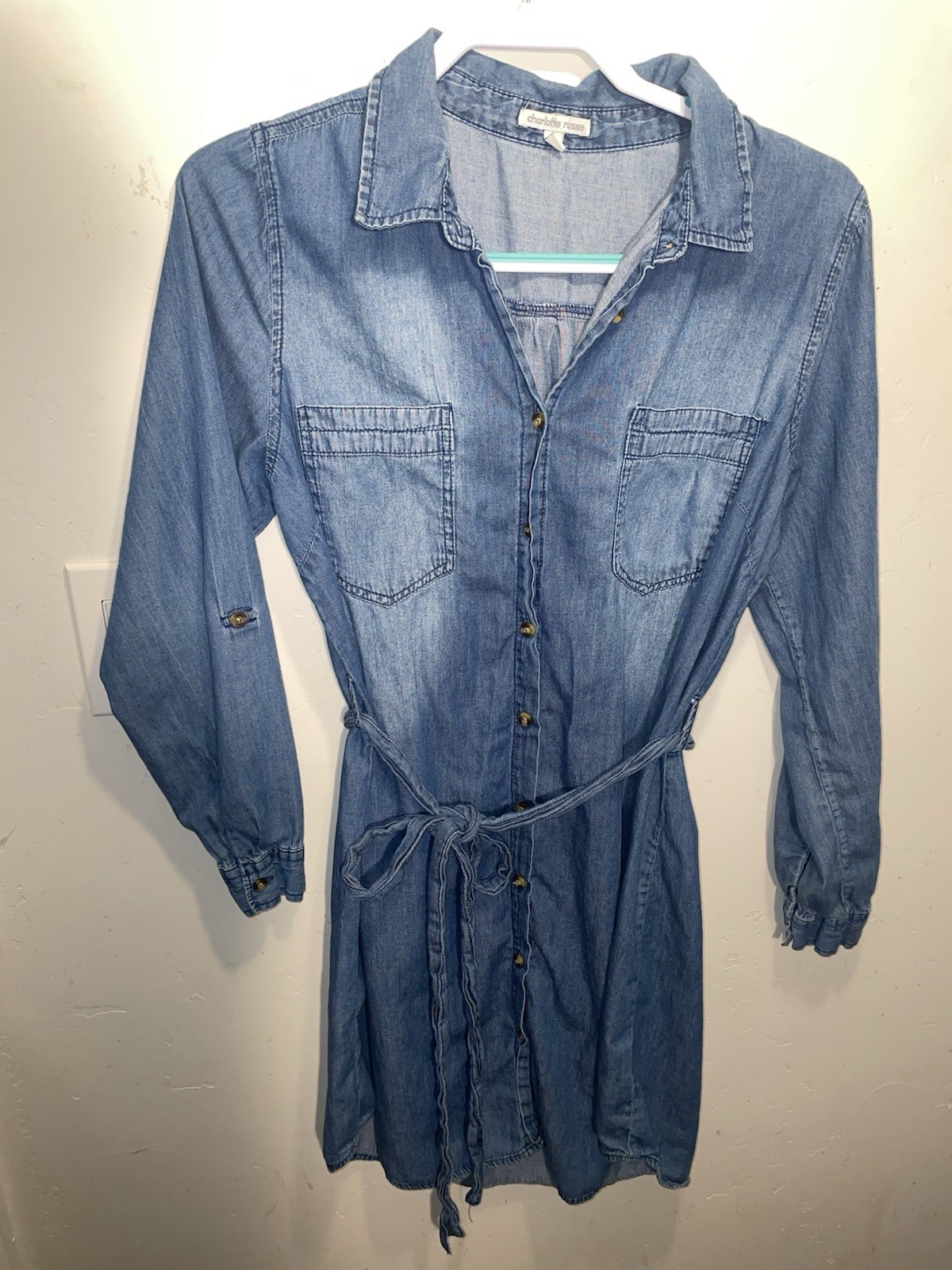 Charlotte Russe light-to-medium wash denim/chambray shirt dress With Waist Tie