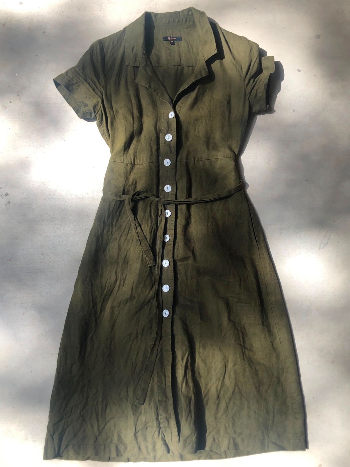 Quince European Linen Button Front Dress Olive Green sz XS Midi Neutral capsule