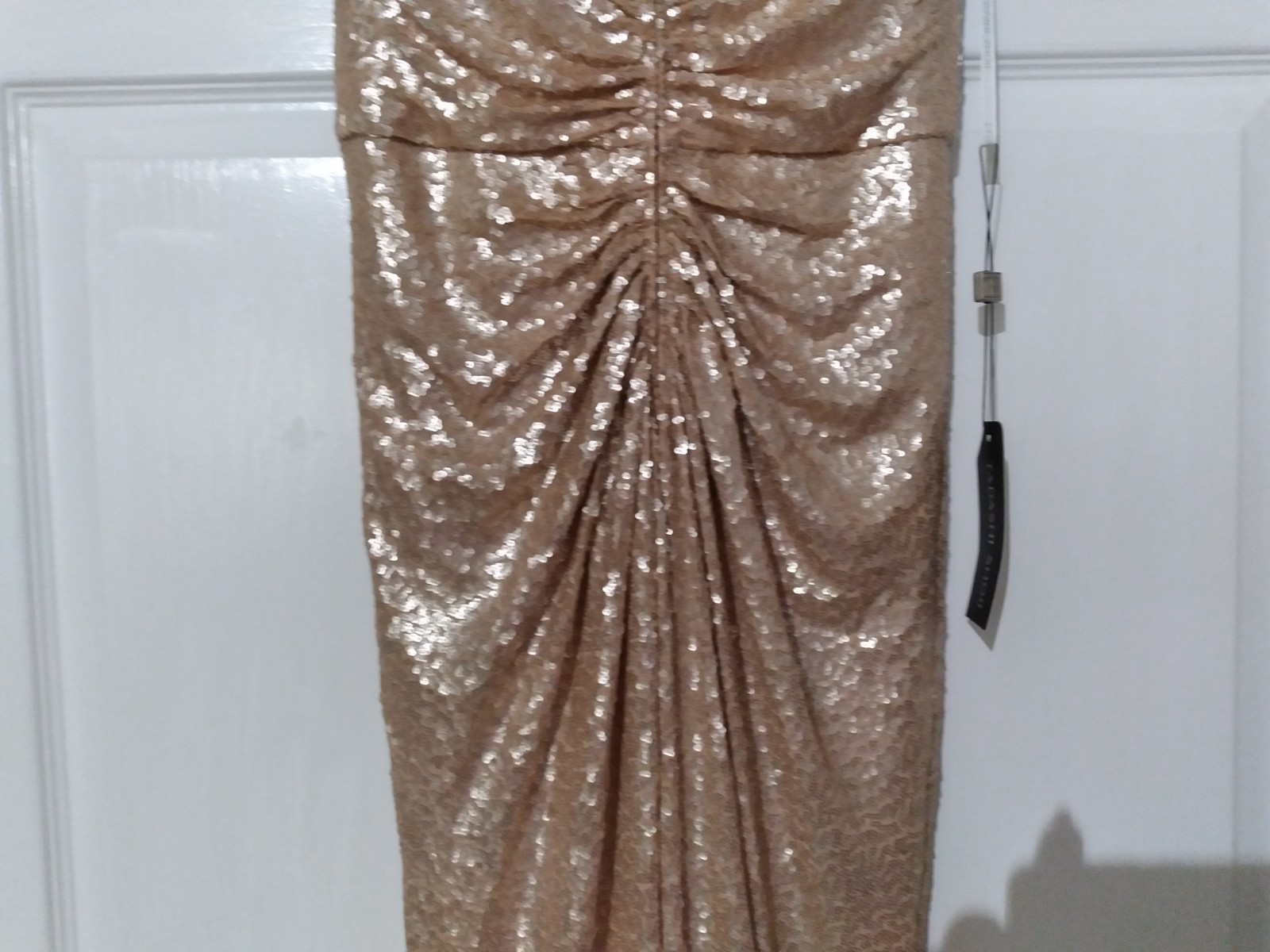 NWT Tadashi Shoji Champagne Lace Sequin Sleeveless Ruched Long Gown Dress MEDIUM