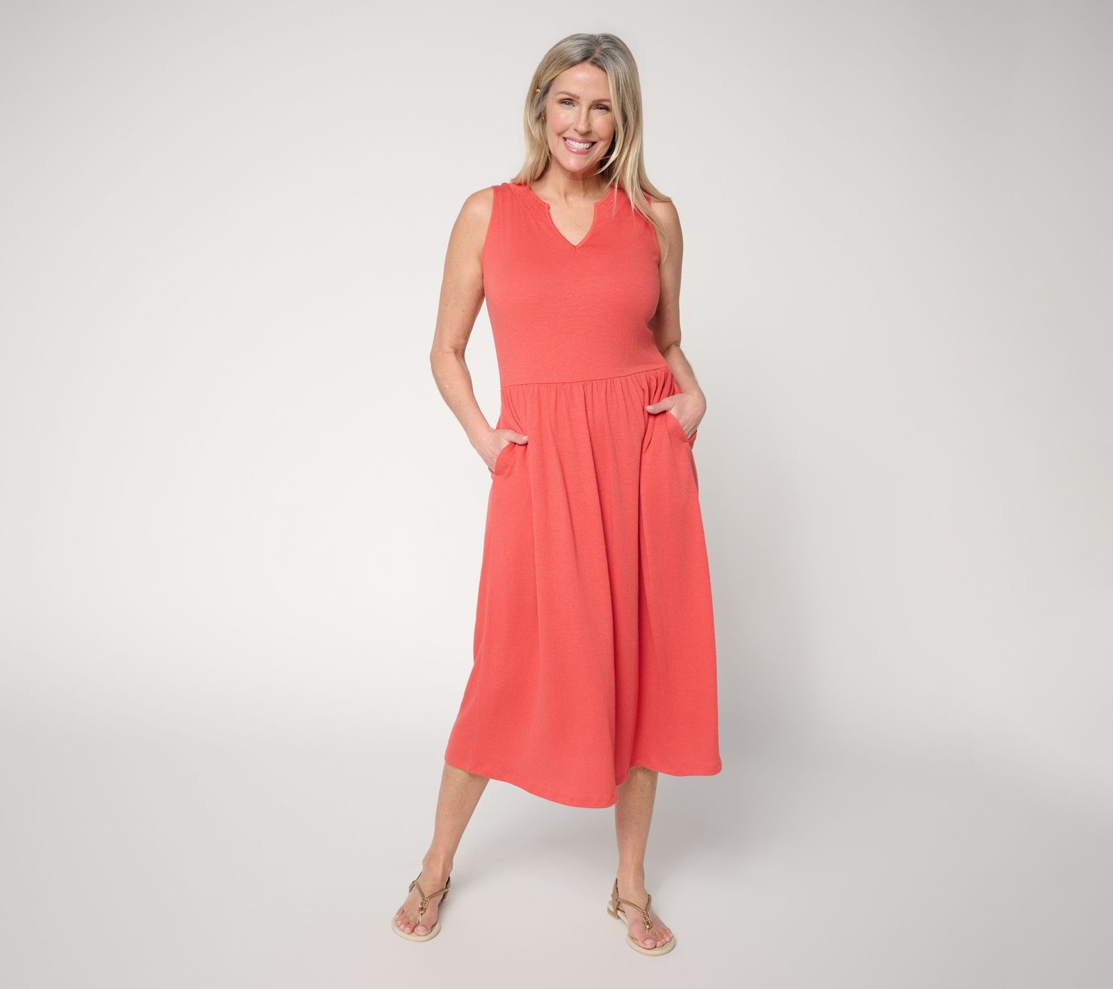 Denim & Co. Beach Regular Knit Gauze Sleeveless Midi Dress Deep Papaya S New