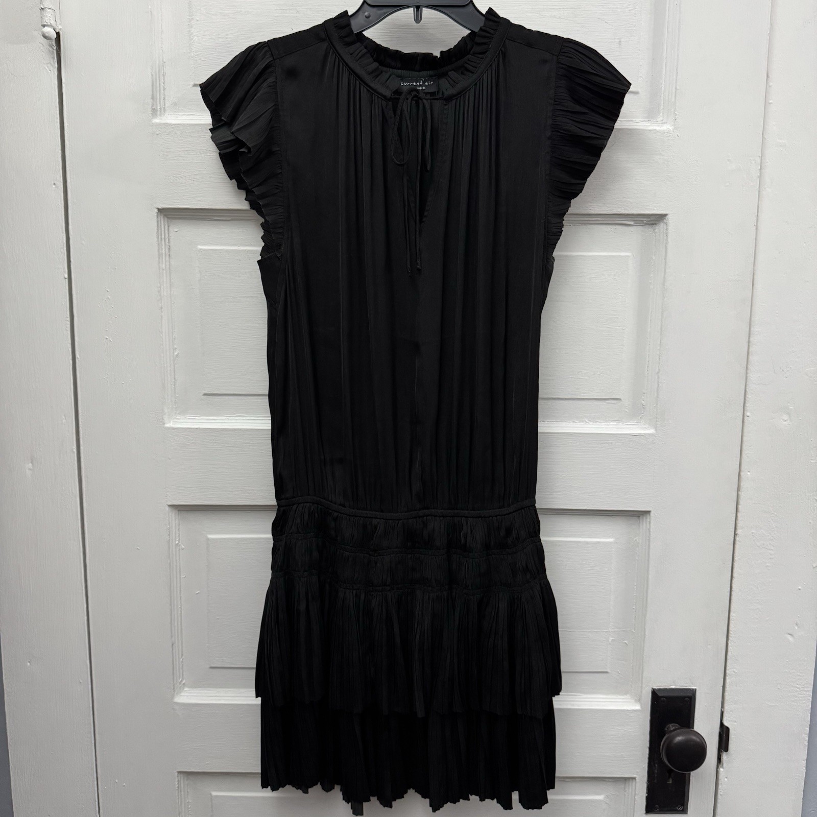 Current Air Black Pleated Ruffle Dress Size S Tie Neck Tiered Mini Boho