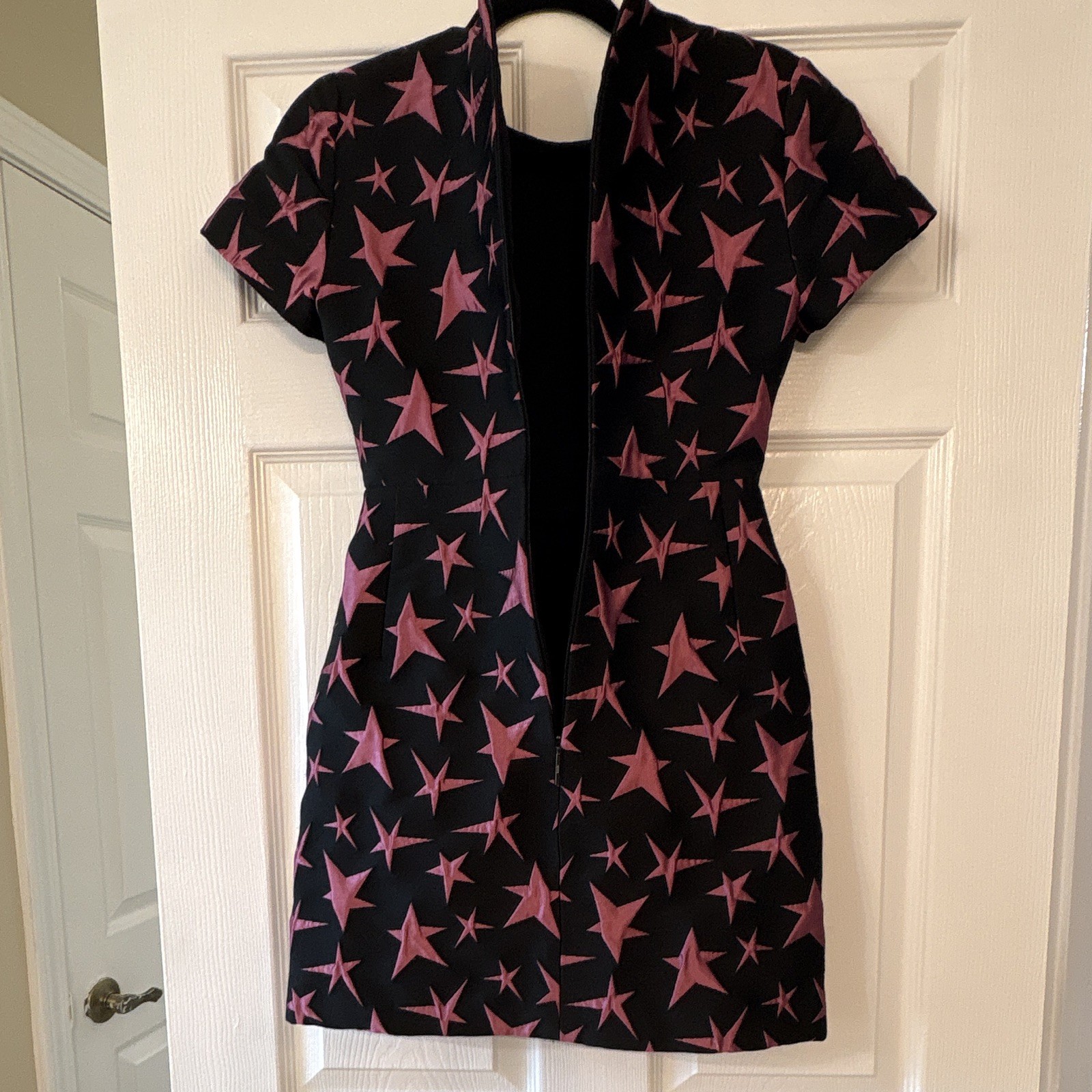 MSGM Womens Size 38 Black/Pink Star Print Sheath Dress Round Neck Zip Short