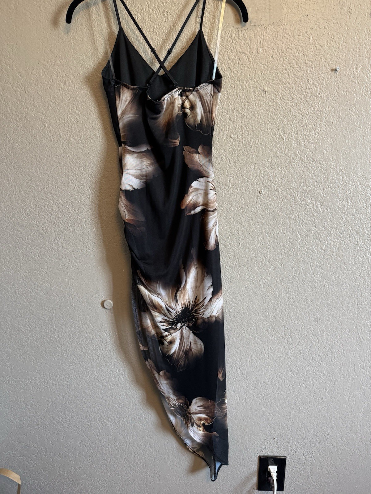I.S.A. Womens Black Beige Floral Chiffon Slip Midi Dress V-Neck Strappy M
