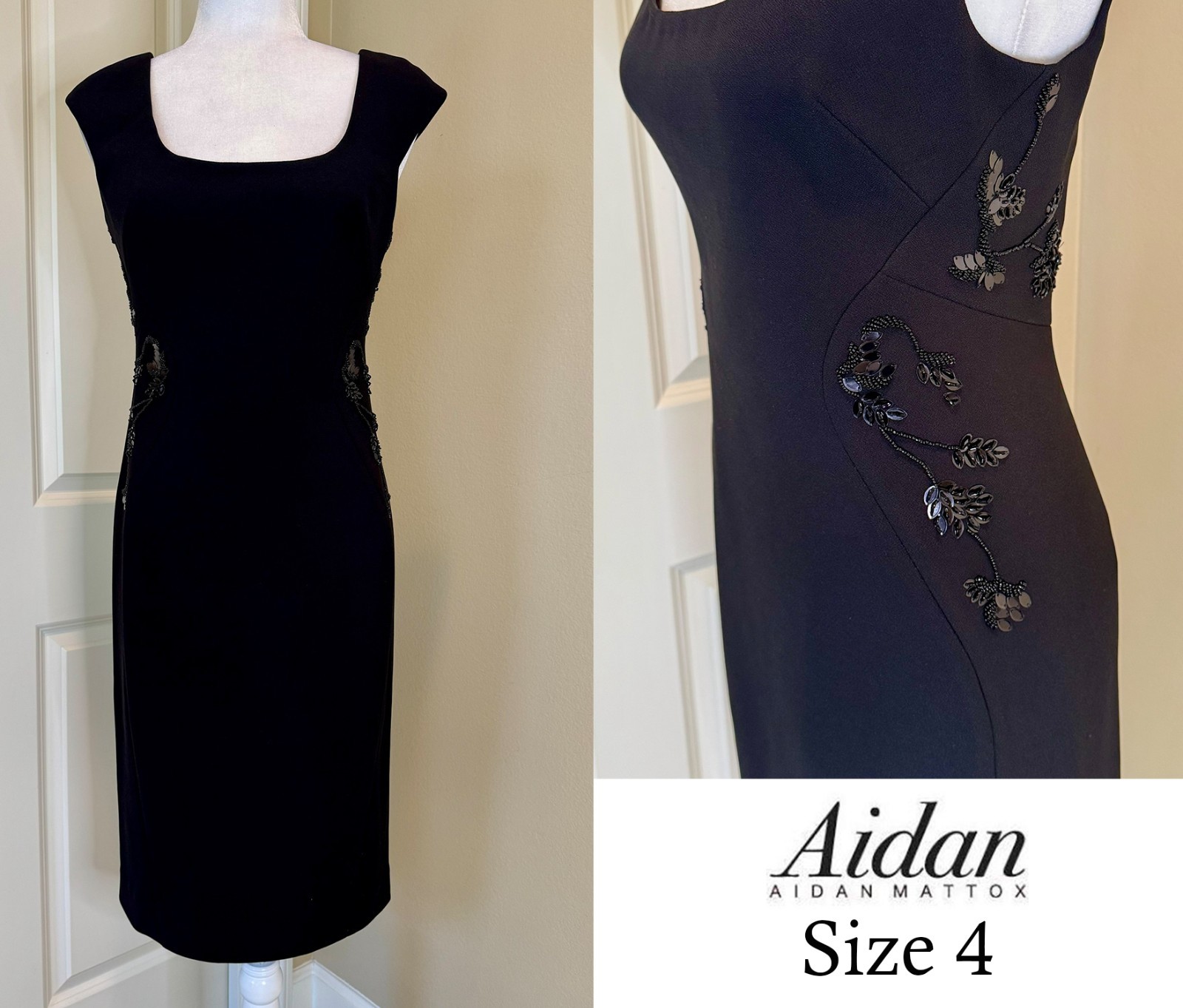 Aidan Mattox Black Sheath Cocktail Dress Beaded Sequin Side Detail Size 4 NWT