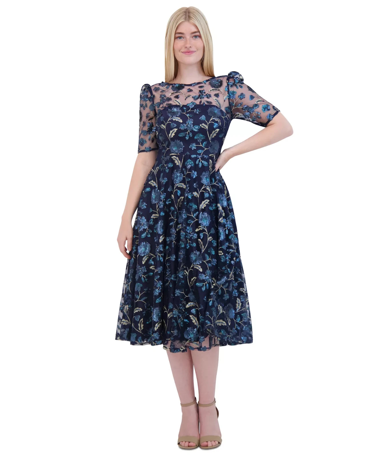 Eliza J Navy Blue Floral Sequin Embroidered Cocktail Midi Dress Size 14P $298