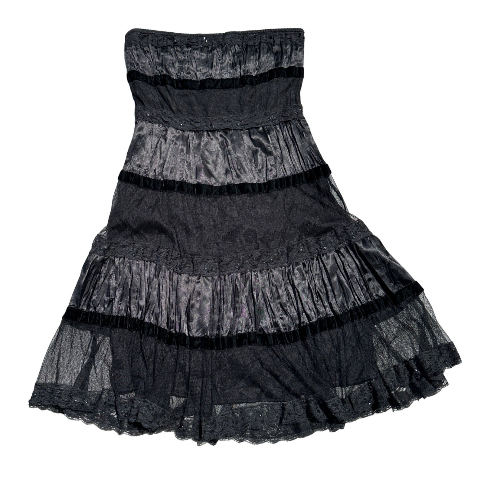 Black Strapless Tiered Lace Velvet Sequin Dress Goth Grunge Whimsygoth Fairy