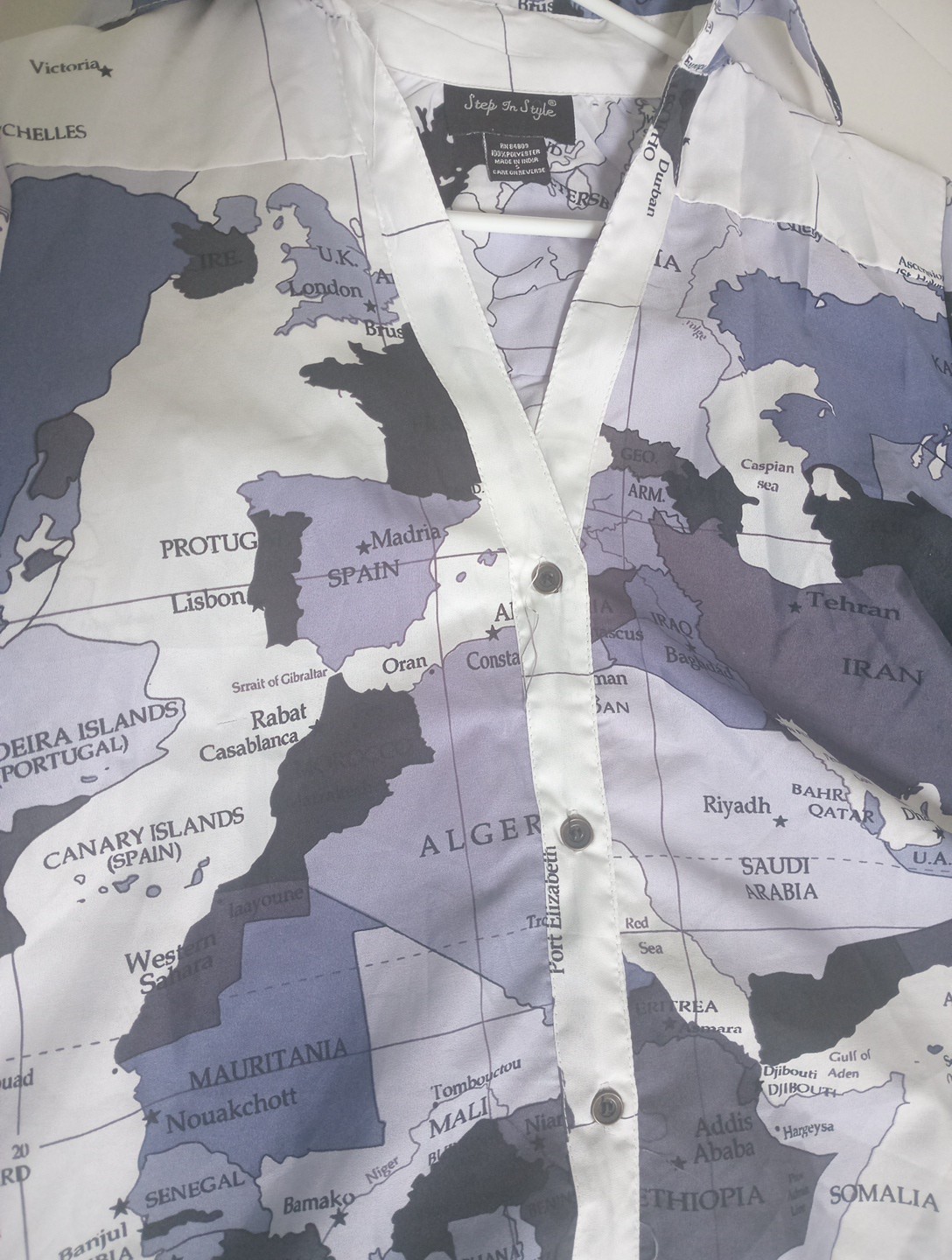 Step In Style World Map Button Up Shirt Dress White Blue/High Low/Ruffle Sleeve