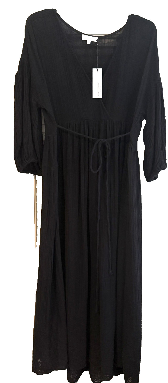 Michael Stars $188 Black Issabella Empire Waist Midi Dress w/ Ties V-Neck M NWT